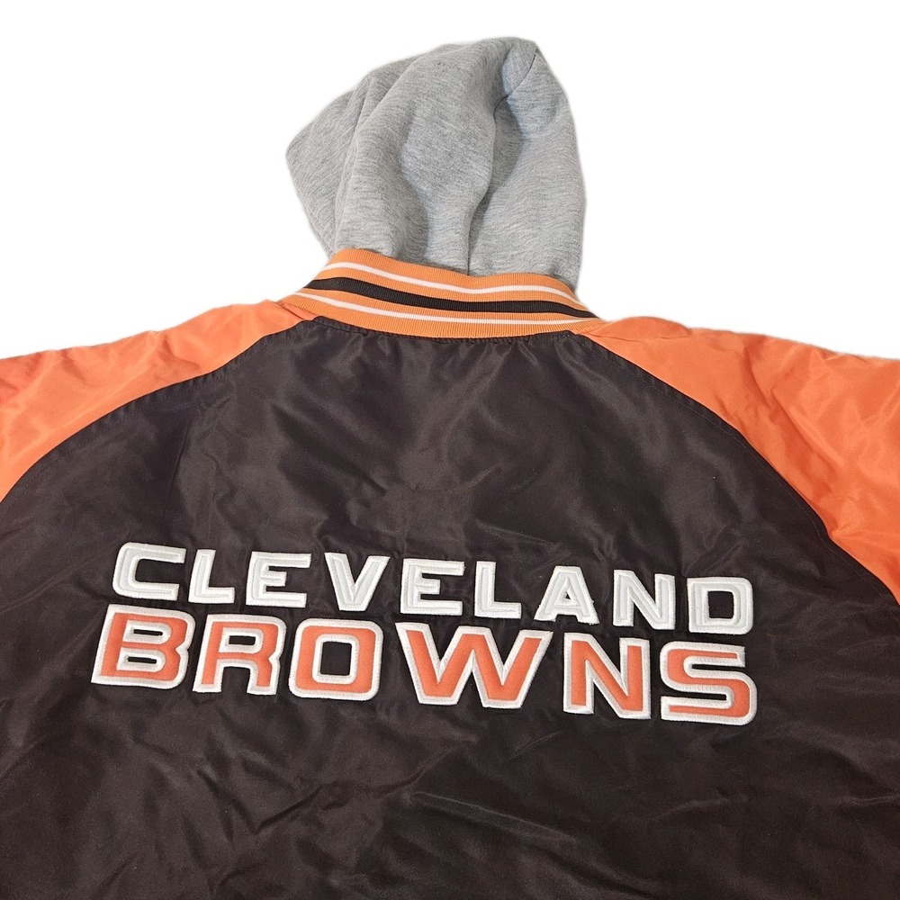 NFL Cleveland Browns Nylon XL Varsity Hooded Jacket  Embroidered Logos  EUC Hood